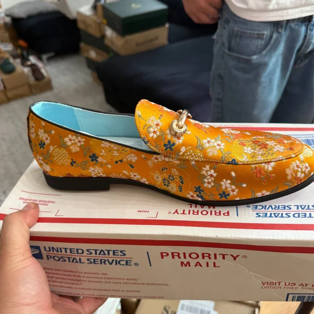 Santimon Men's US 12.5 Orange Floral Embroidery Loafers with Gold Buckle Stylish